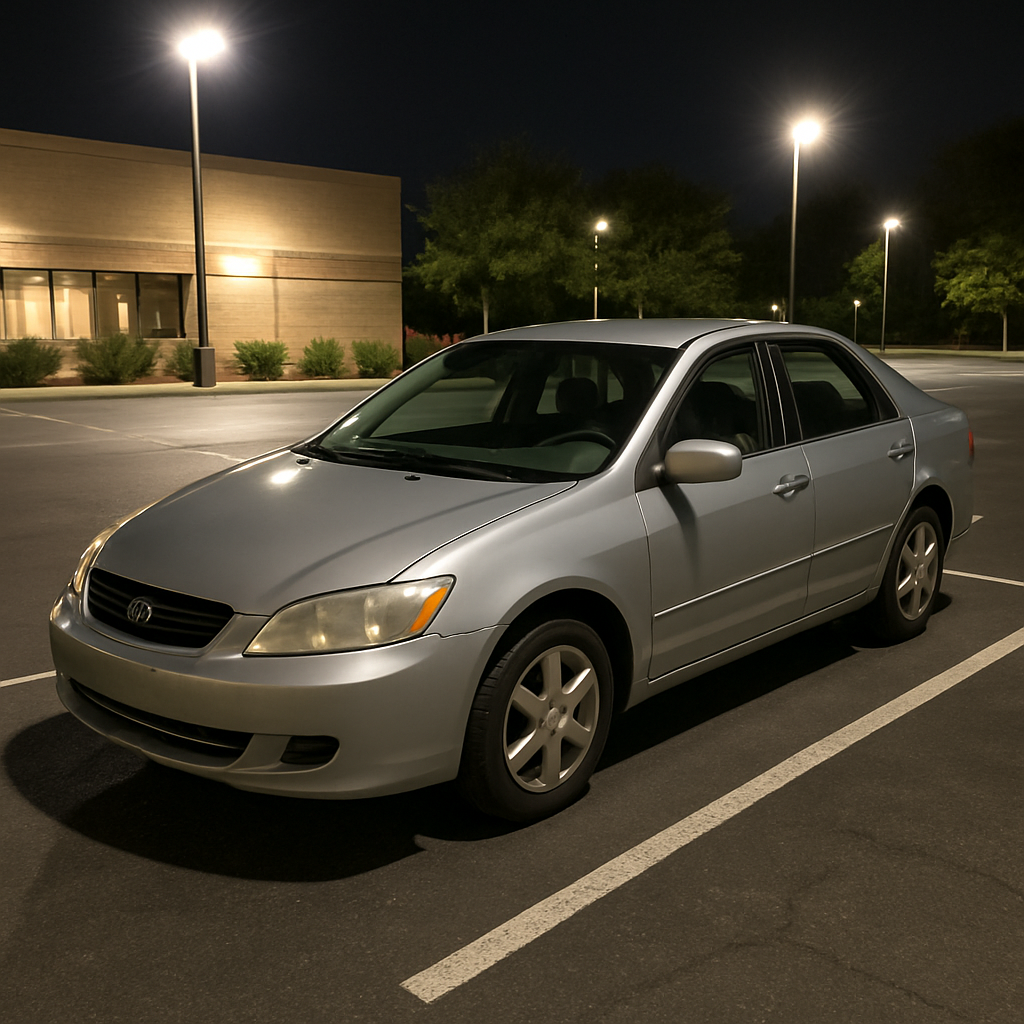A car pulled far off the road into a safe, well-lit commercial parking area.