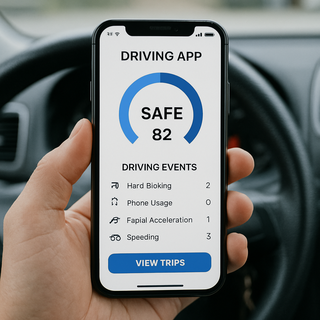 A smartphone showing a driving app that tracks safety, representing a telematics program. High Risk Car Insurance