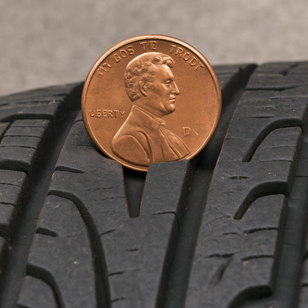 Close-up of a penny inserted into tire tread to show safe vs. unsafe levels for the florida rain