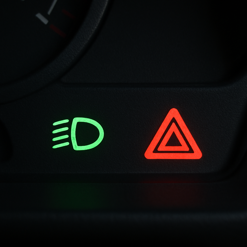 Car dashboard showing the low-beam icon vs the hazard light triangle icon for the florida rain