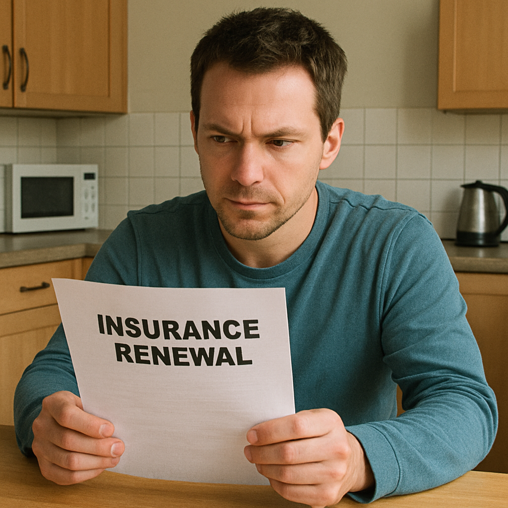 A person sitting at a kitchen table looking at an high risk insurance renewal letter with a look of determination rather than defeat.