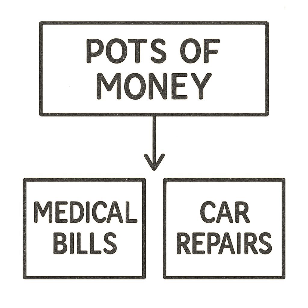 A simple graphic showing two boxes: one for 'Medical Bills' and one for 'Car Repairs' to show they come from different 'pots' of money.