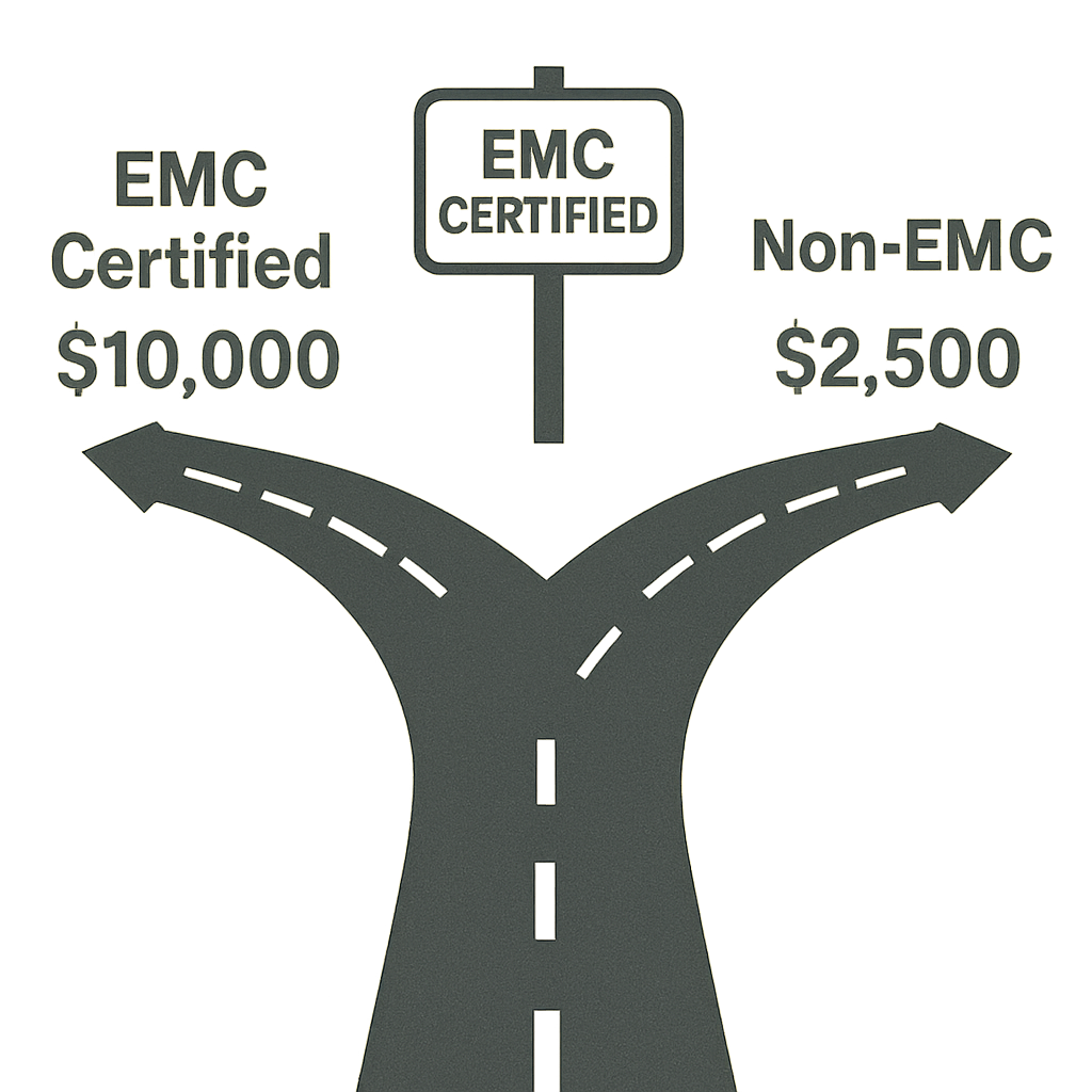 A graphic showing a fork in the road labeled "EMC Certified" leading to $10,000 and "Non-EMC" leading to $2,500 for Personal Injury Protection coverage